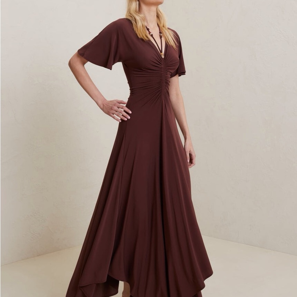 A.L.C. Chocolate Brown High-Low Ruched V-Neck Nina Dress